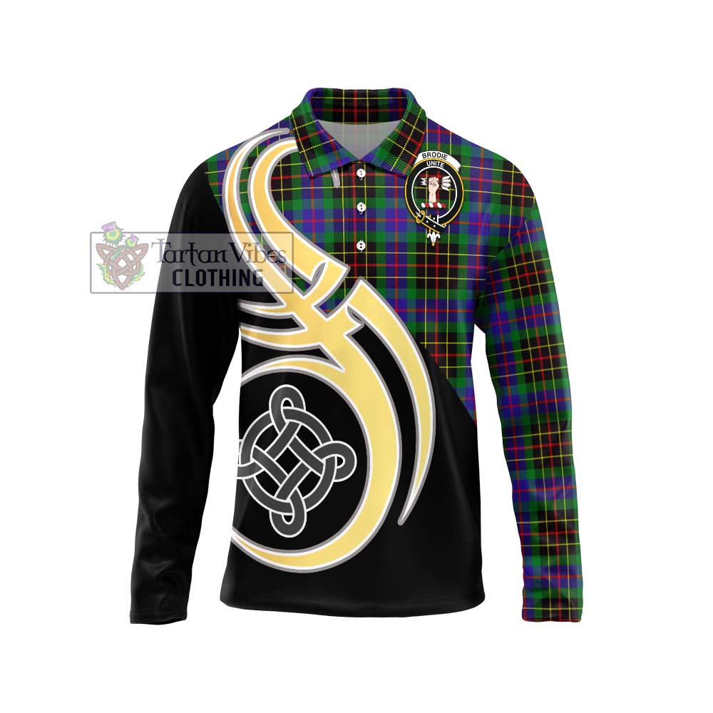 Brodie Hunting Modern Tartan Long Sleeve Polo Shirt with Family Crest and Celtic Symbol Style Unisex - Tartan Vibes Clothing