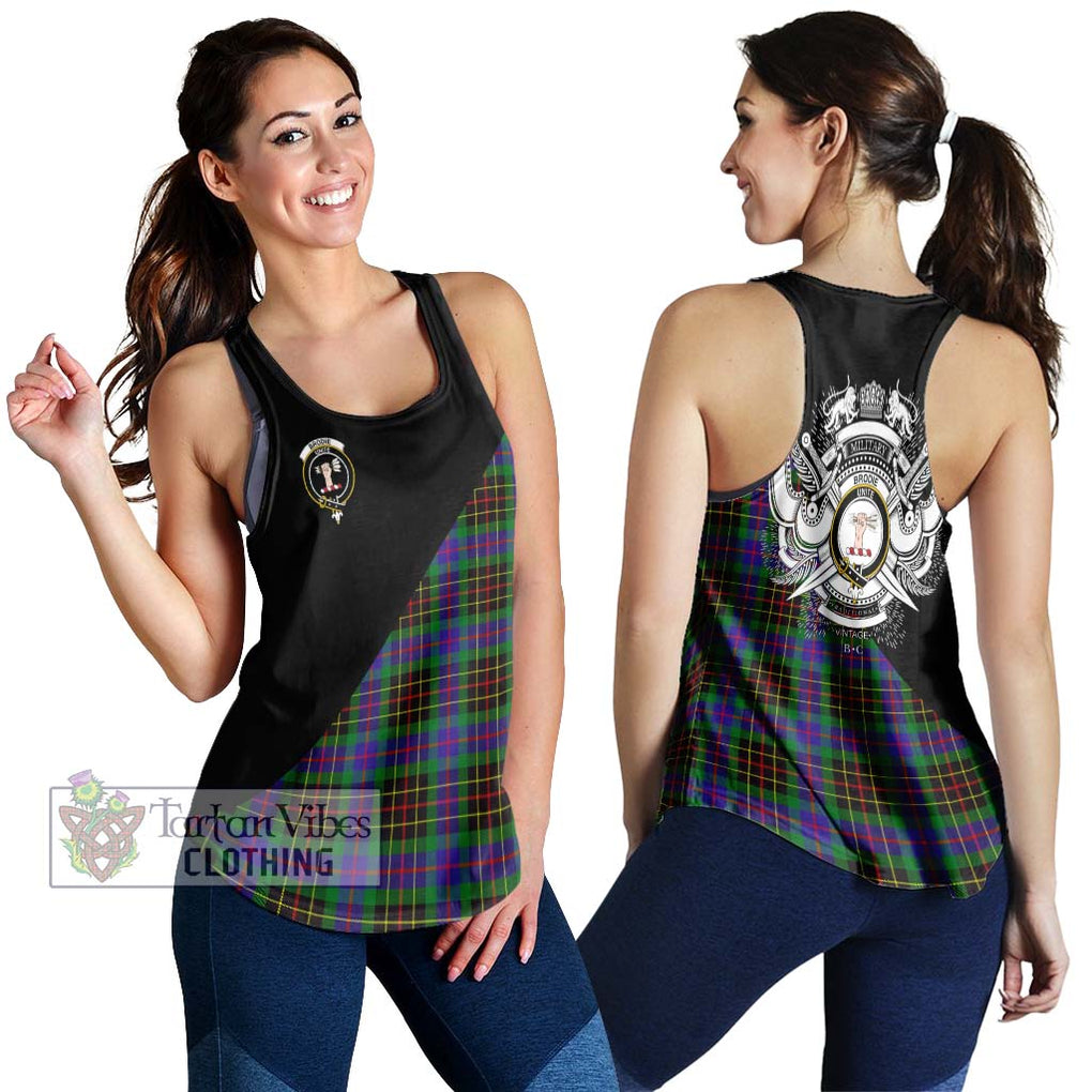 Brodie Hunting Modern Tartan Women's Racerback Tanks with Family Crest and Military Logo Style 4XL - Tartanvibesclothing Shop