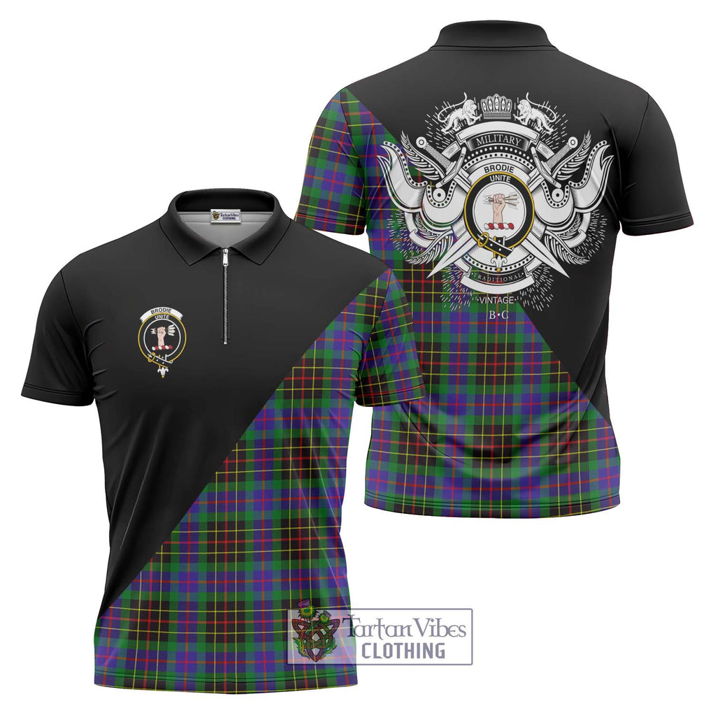 Brodie Hunting Modern Tartan Zipper Polo Shirt with Family Crest and Military Logo Style Unisex - Tartanvibesclothing Shop