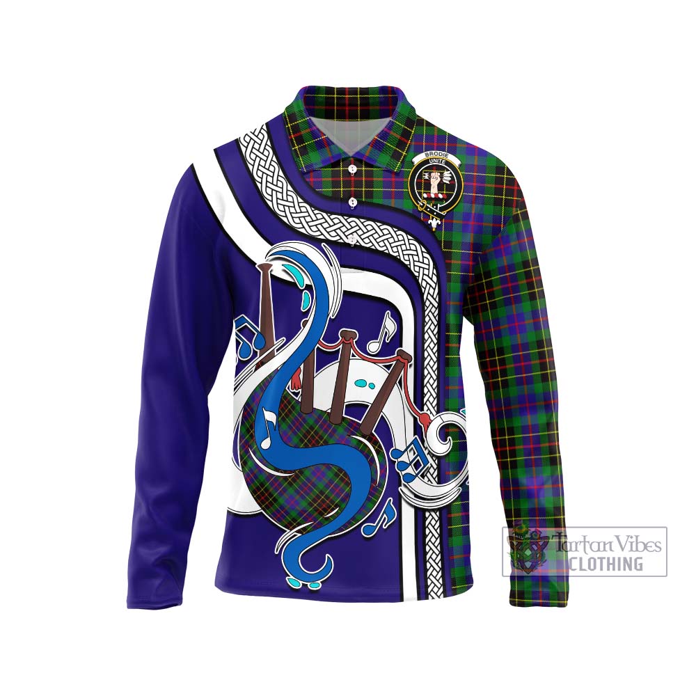 Tartan Vibes Clothing Brodie Hunting Modern Tartan Long Sleeve Polo Shirt with Epic Bagpipe Style