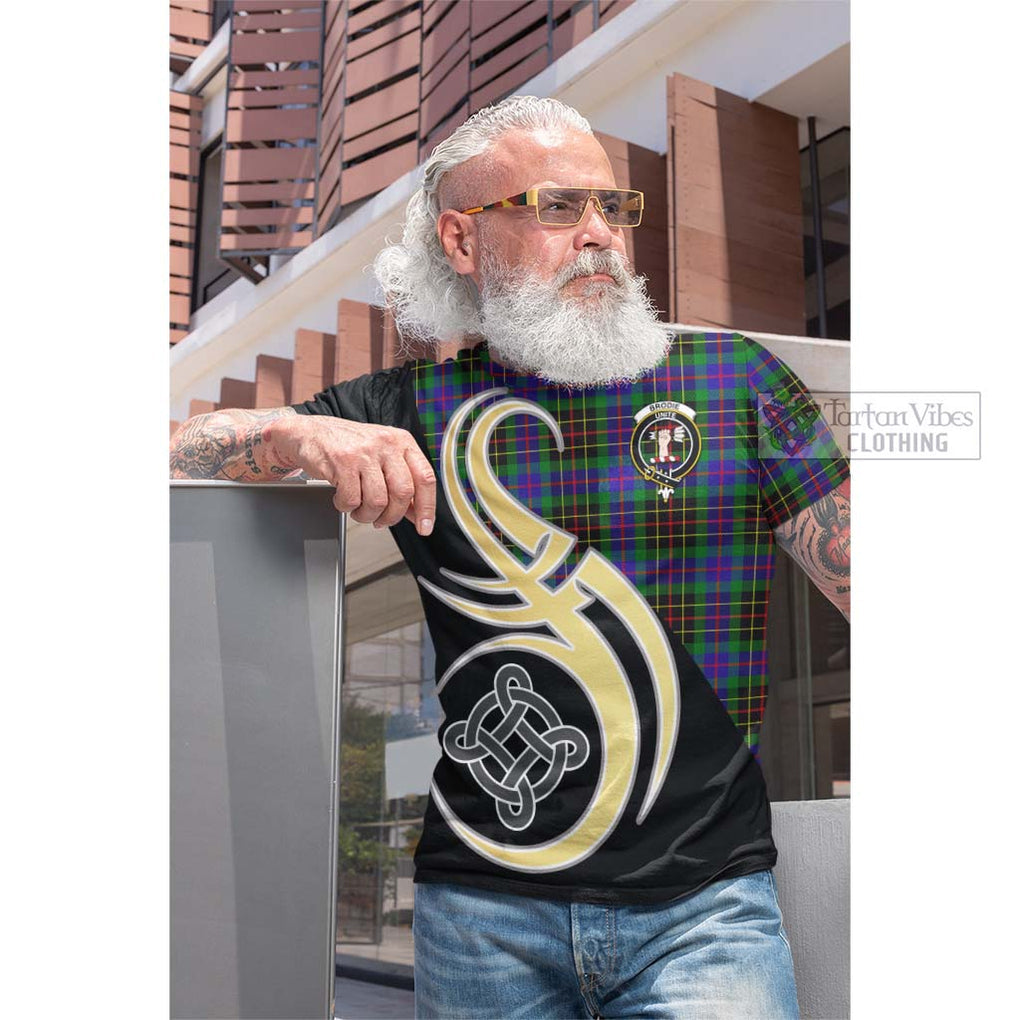 Tartan Vibes Clothing Brodie Hunting Modern Tartan Cotton T-shirt with Family Crest and Celtic Symbol Style