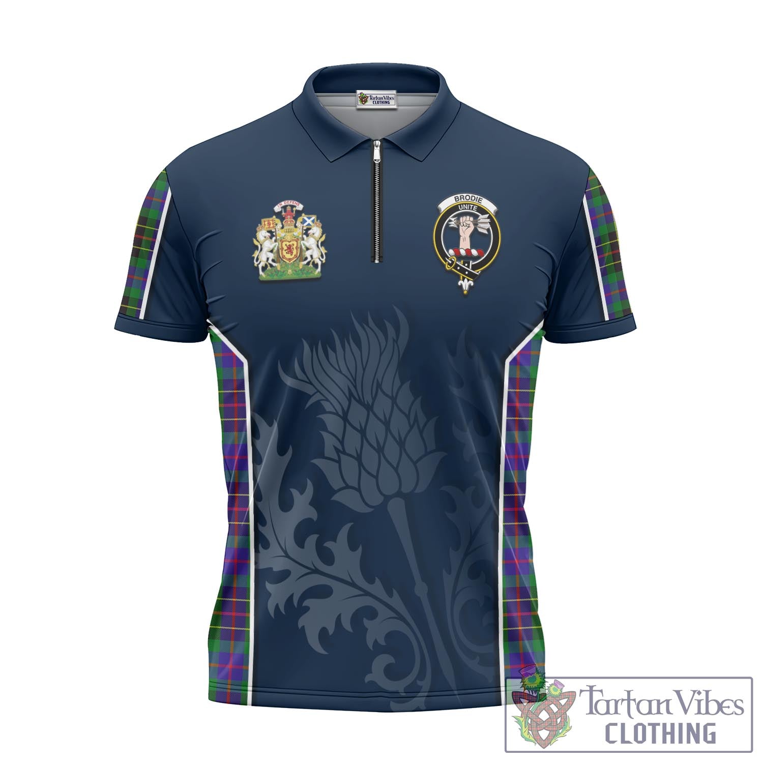 Tartan Vibes Clothing Brodie Hunting Modern Tartan Zipper Polo Shirt with Family Crest and Scottish Thistle Vibes Sport Style