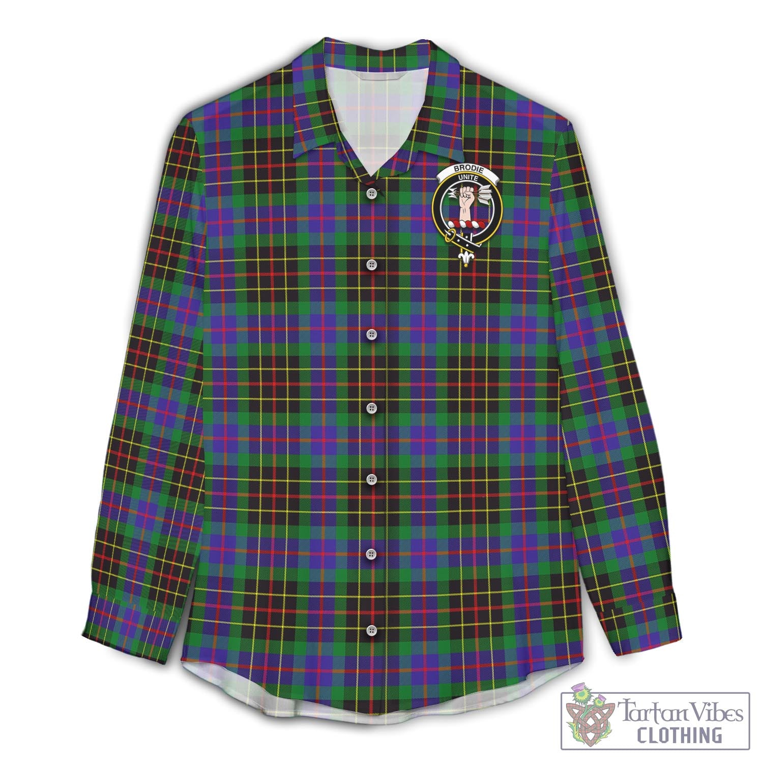 Tartan Vibes Clothing Brodie Hunting Modern Tartan Womens Casual Shirt with Family Crest