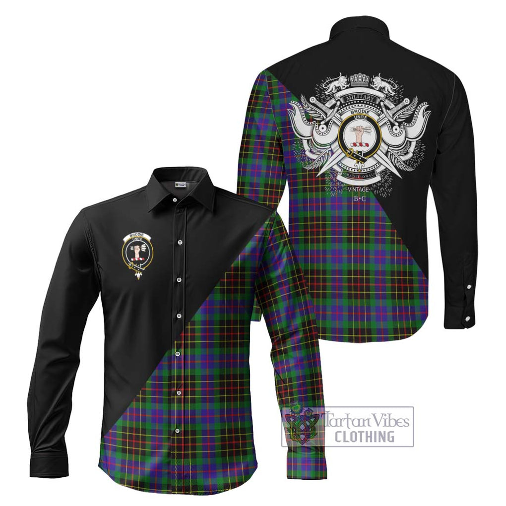 Brodie Hunting Modern Tartan Long Sleeve Button Shirt with Family Crest and Military Logo Style Men's Shirt S - Tartanvibesclothing Shop