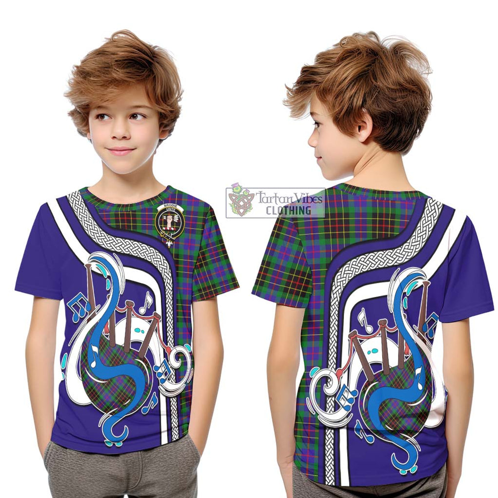 Tartan Vibes Clothing Brodie Hunting Modern Tartan Kid T-Shirt with Epic Bagpipe Style