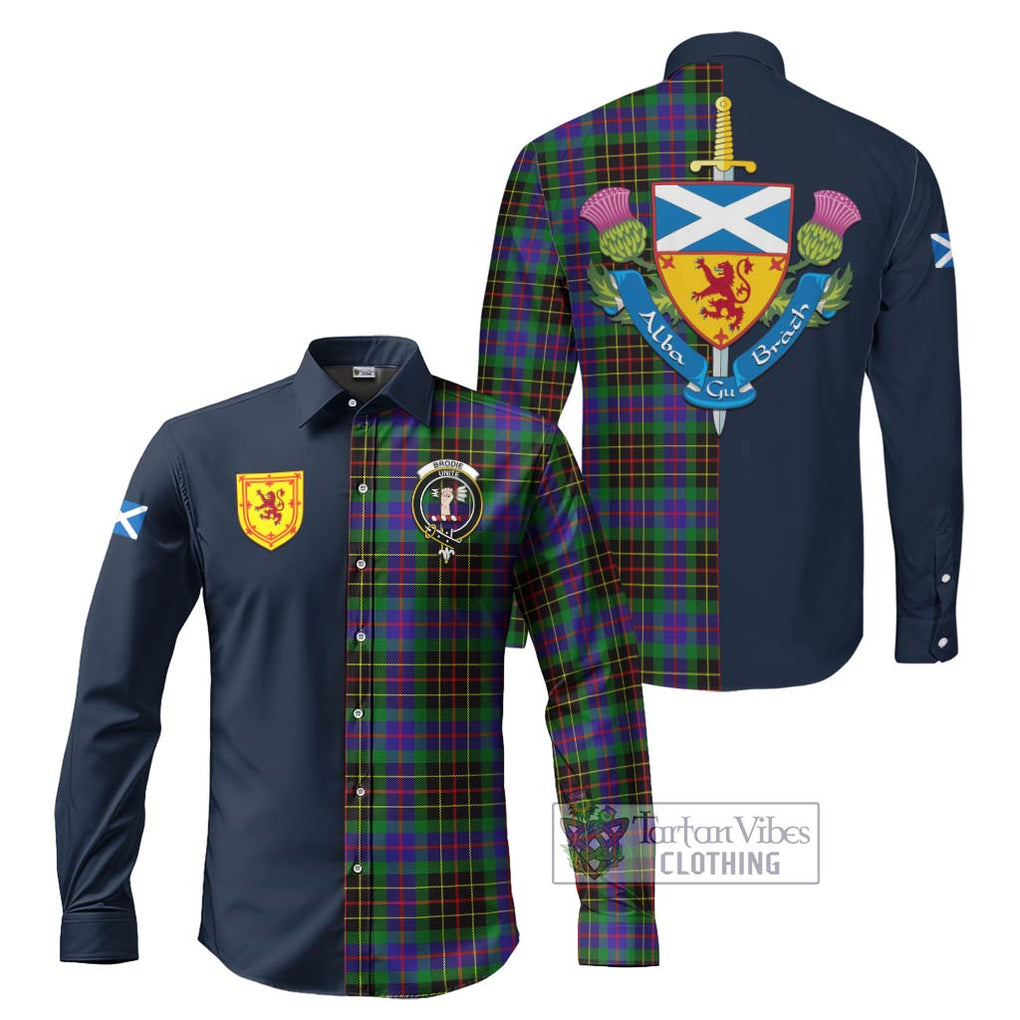 Tartan Vibes Clothing Brodie Hunting Modern Tartan Long Sleeve Button Shirt with Scottish Lion Royal Arm Half Style