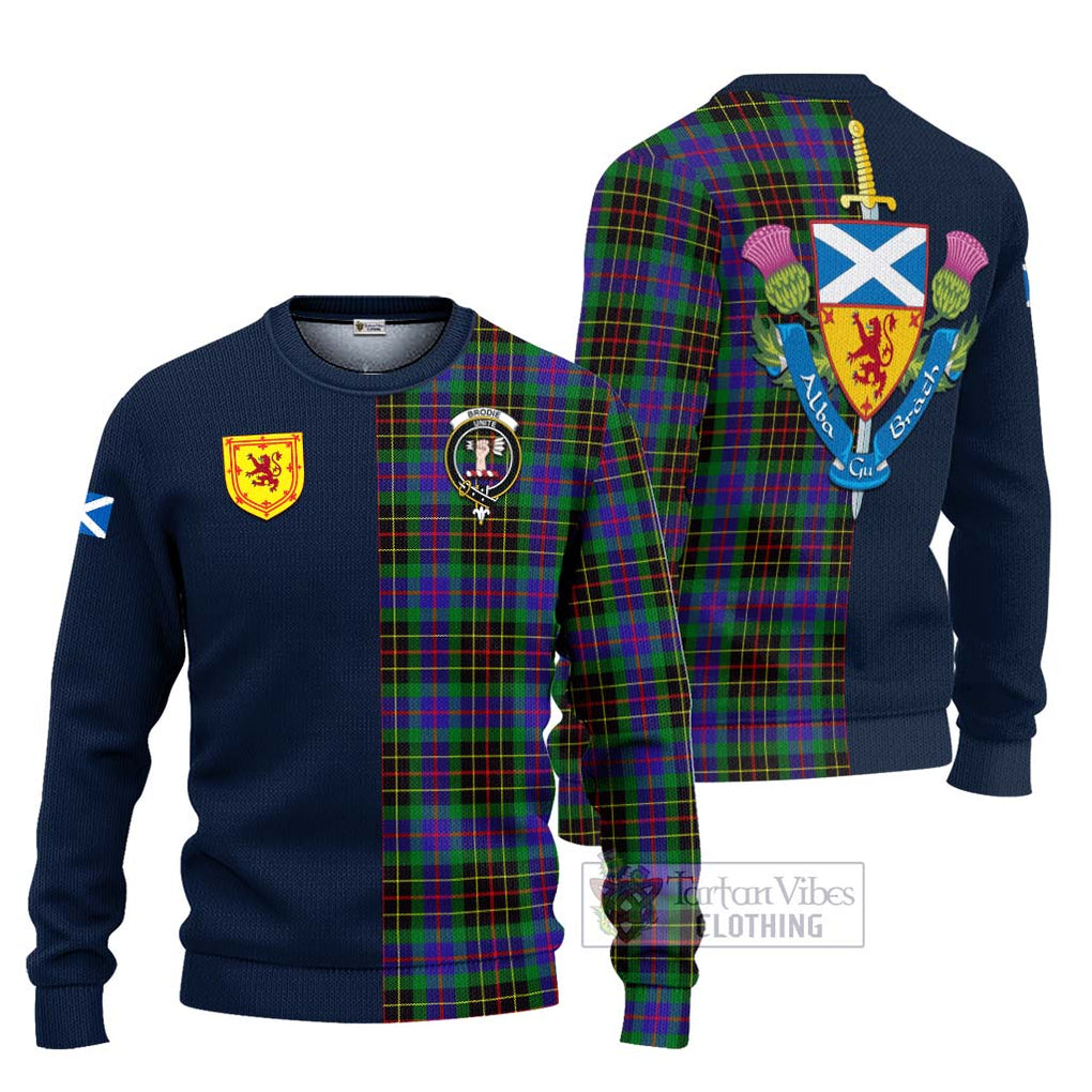 Tartan Vibes Clothing Brodie Hunting Modern Tartan Knitted Sweater with Scottish Lion Royal Arm Half Style