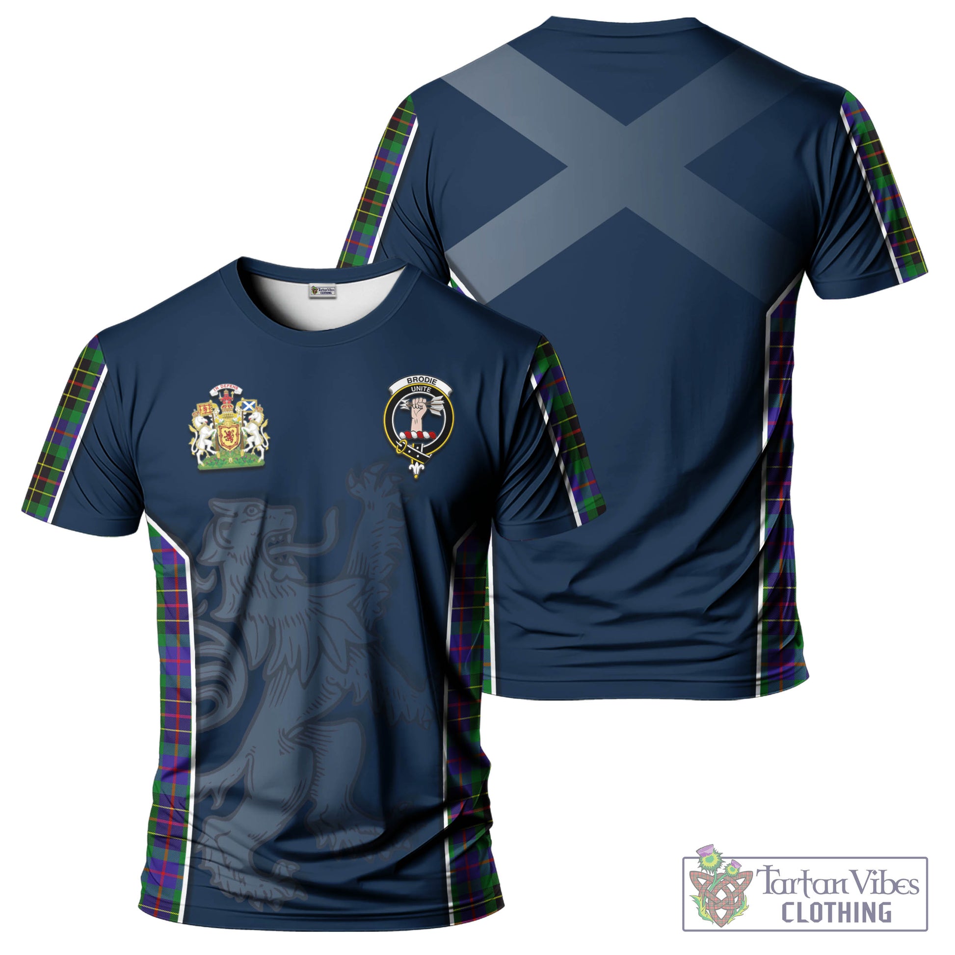 Tartan Vibes Clothing Brodie Hunting Modern Tartan T-Shirt with Family Crest and Lion Rampant Vibes Sport Style