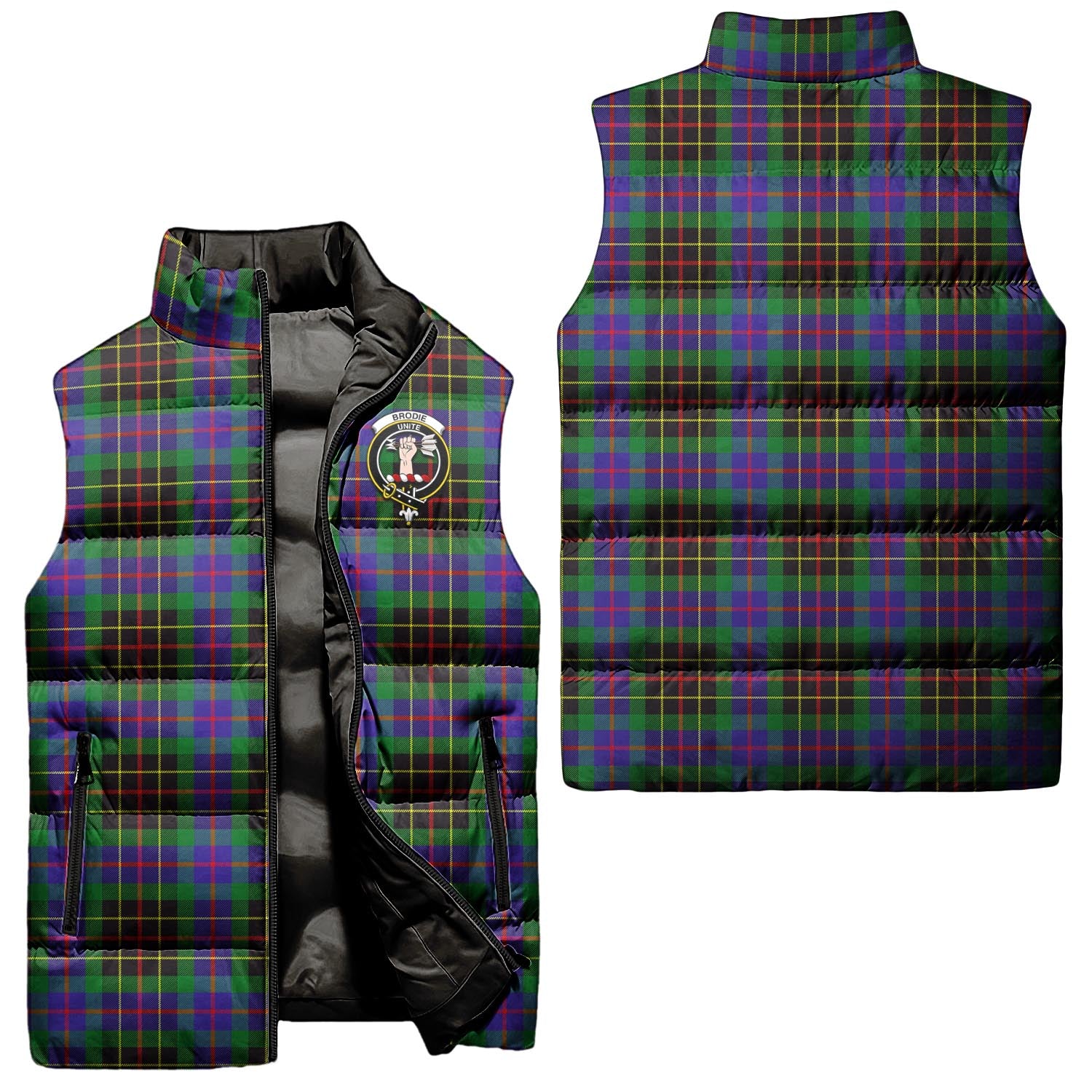 Brodie Hunting Modern Tartan Sleeveless Puffer Jacket with Family Crest Unisex - Tartanvibesclothing