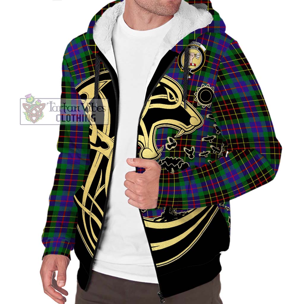 Tartan Vibes Clothing Brodie Hunting Modern Tartan Sherpa Hoodie with Family Crest Celtic Wolf Style