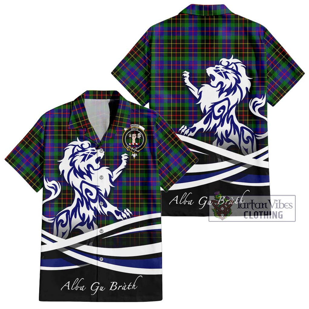 Brodie Hunting Modern Tartan Short Sleeve Button Shirt with Alba Gu Brath Regal Lion Emblem Kid - Tartanvibesclothing Shop