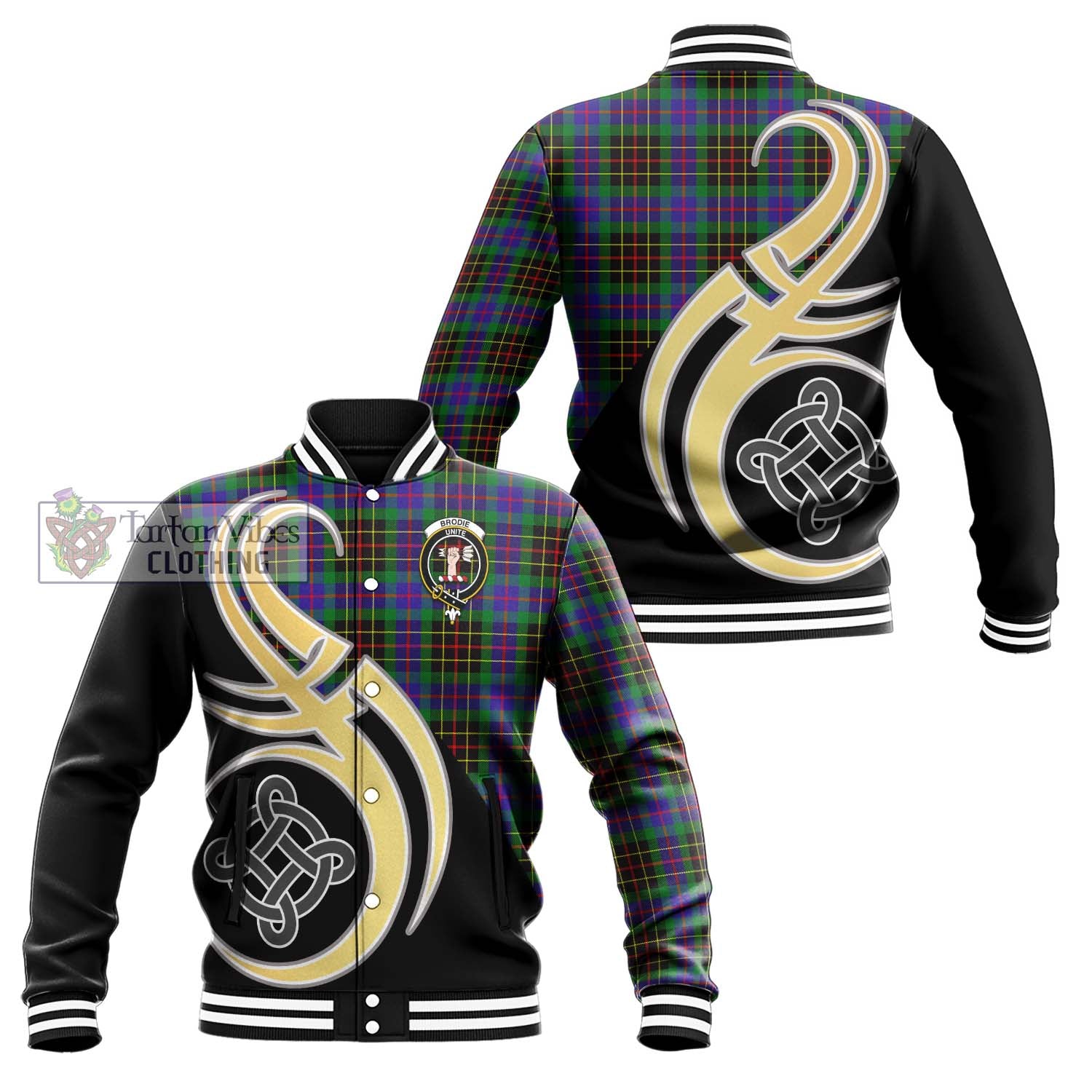 Tartan Vibes Clothing Brodie Hunting Modern Tartan Baseball Jacket with Family Crest and Celtic Symbol Style