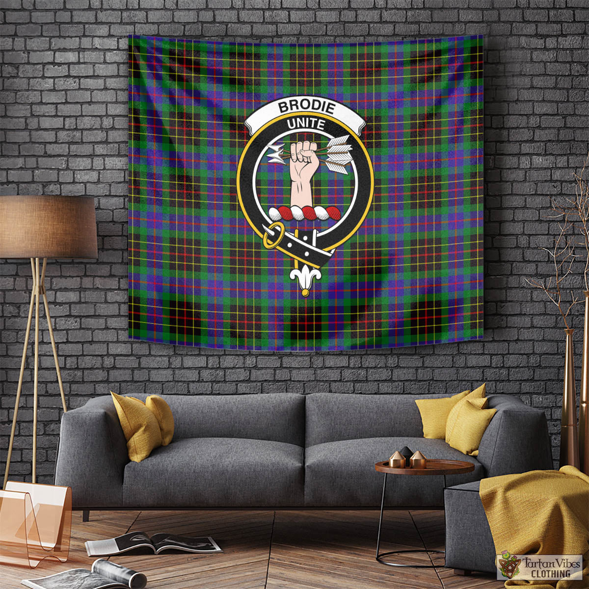 Tartan Vibes Clothing Brodie Hunting Modern Tartan Tapestry Wall Hanging and Home Decor for Room with Family Crest