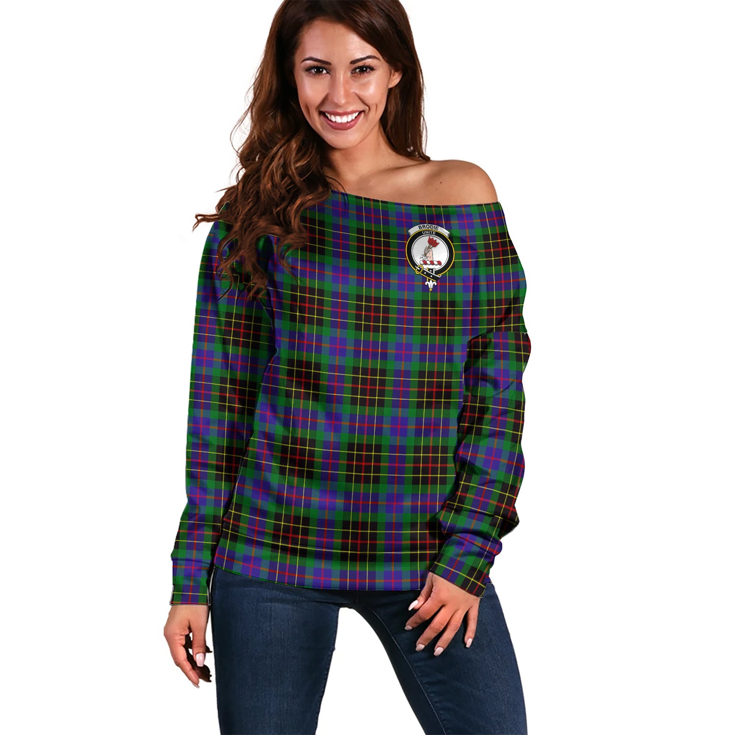 Brodie Hunting Modern Tartan Off Shoulder Women Sweater with Family Crest Women - Tartanvibesclothing