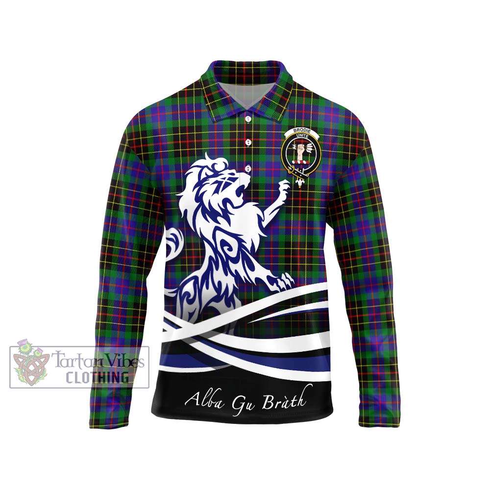 Brodie Hunting Modern Tartan Long Sleeve Polo Shirt with Alba Gu Brath Regal Lion Emblem Unisex - Tartanvibesclothing Shop