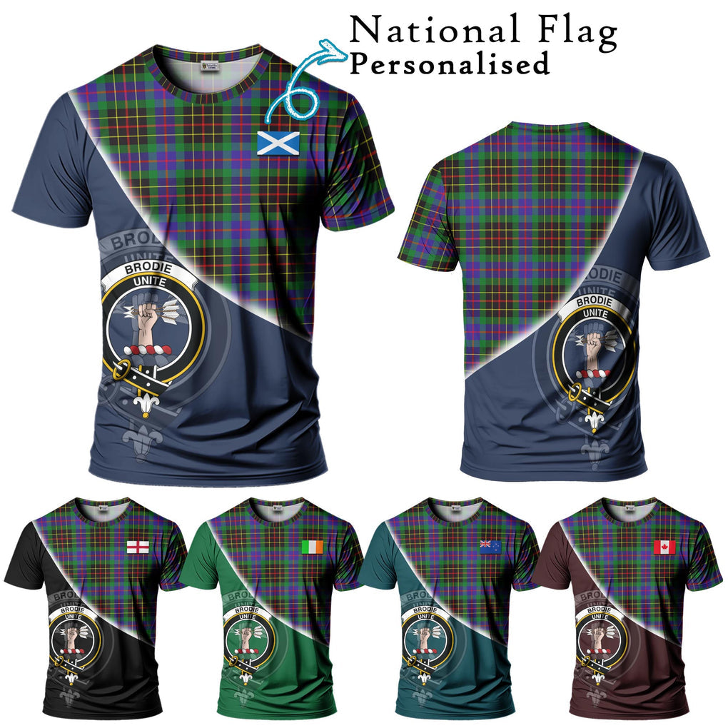 Brodie Hunting Modern Tartan T-Shirt with Personalised National Flag and Family Crest Half Style Kid's Shirt - Tartanvibesclothing Shop