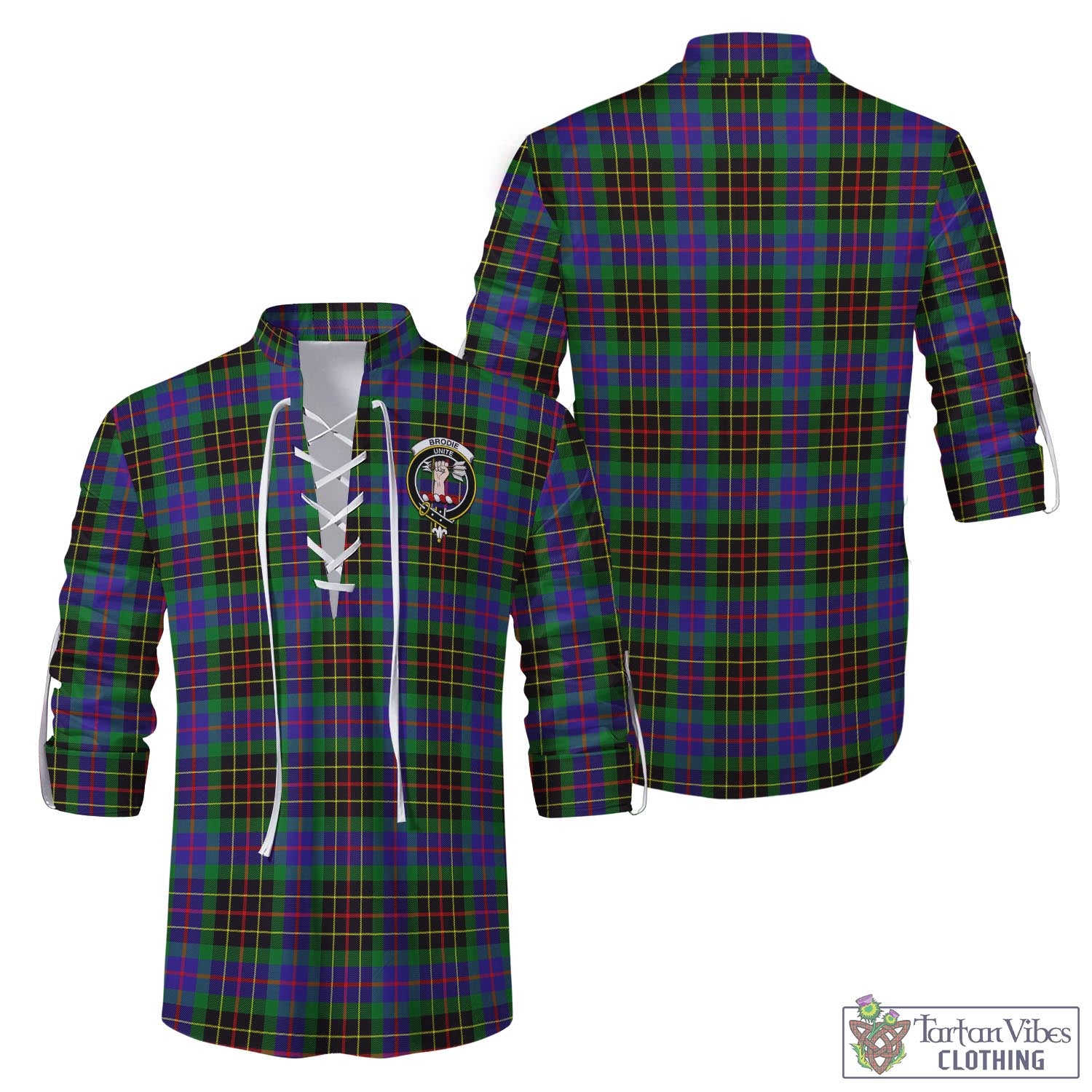 Tartan Vibes Clothing Brodie Hunting Modern Tartan Men's Scottish Traditional Jacobite Ghillie Kilt Shirt with Family Crest