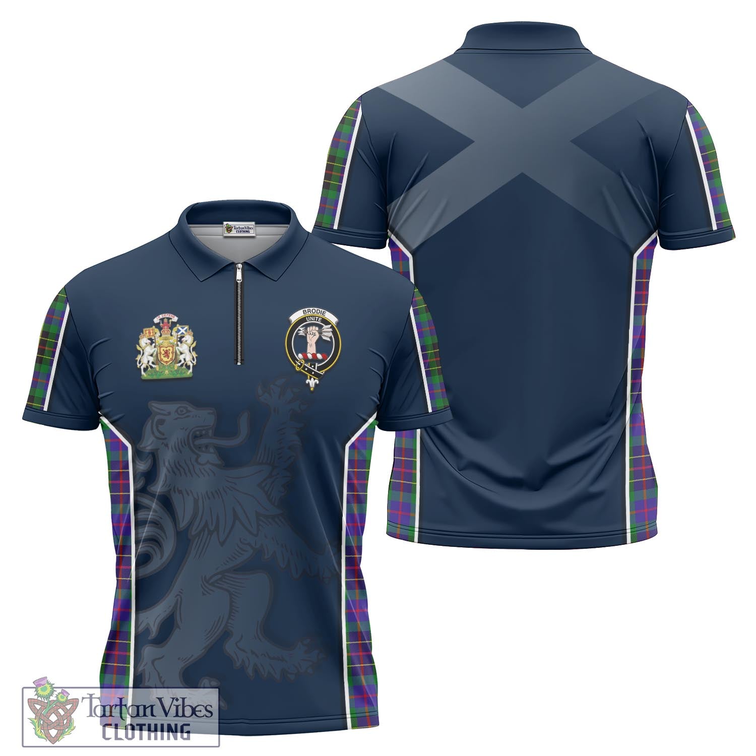 Tartan Vibes Clothing Brodie Hunting Modern Tartan Zipper Polo Shirt with Family Crest and Lion Rampant Vibes Sport Style