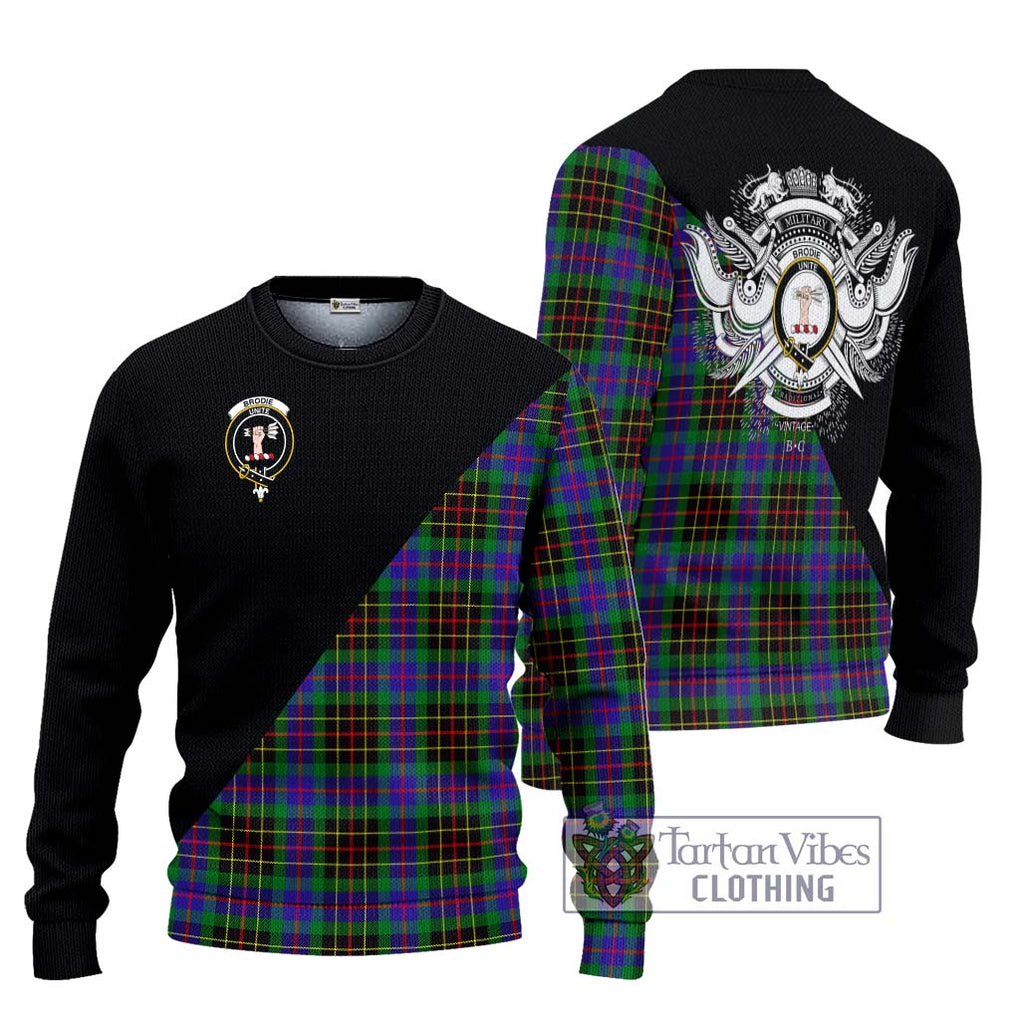 Brodie Hunting Modern Tartan Knitted Sweater with Family Crest and Military Logo Style Unisex - Tartanvibesclothing Shop