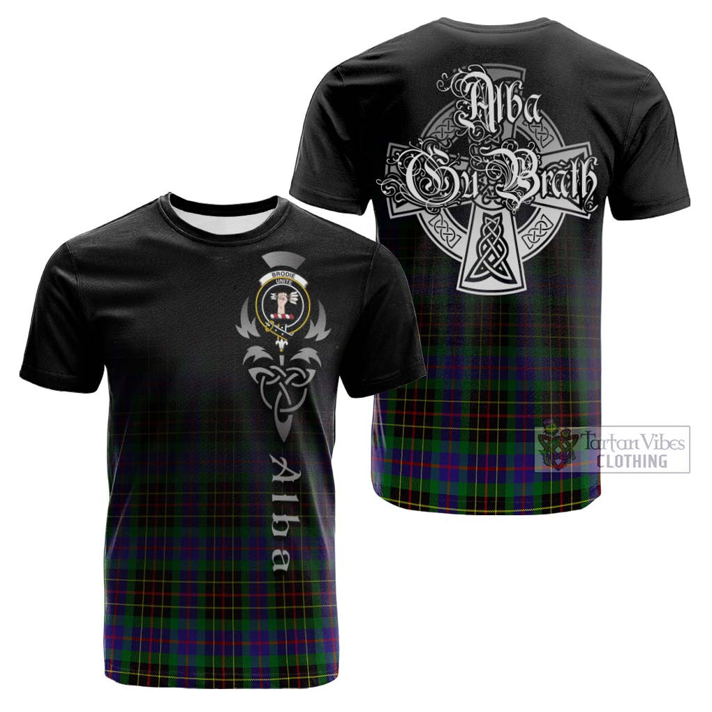 Tartan Vibes Clothing Brodie Hunting Modern Tartan Cotton T-shirt Featuring Alba Gu Brath Family Crest Celtic Inspired