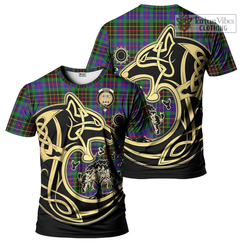 Tartan Vibes Clothing Brodie Hunting Modern Tartan T-Shirt with Family Crest Celtic Wolf Style