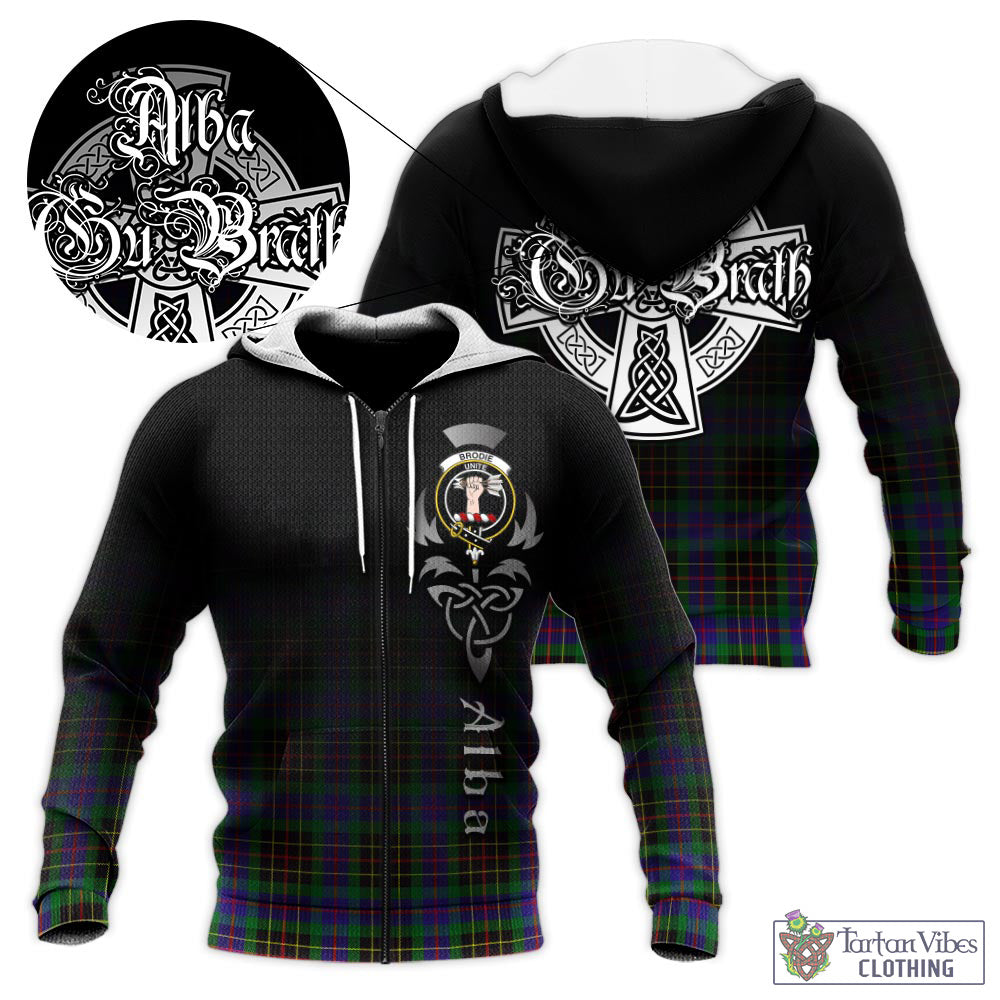 Tartan Vibes Clothing Brodie Hunting Modern Tartan Knitted Hoodie Featuring Alba Gu Brath Family Crest Celtic Inspired