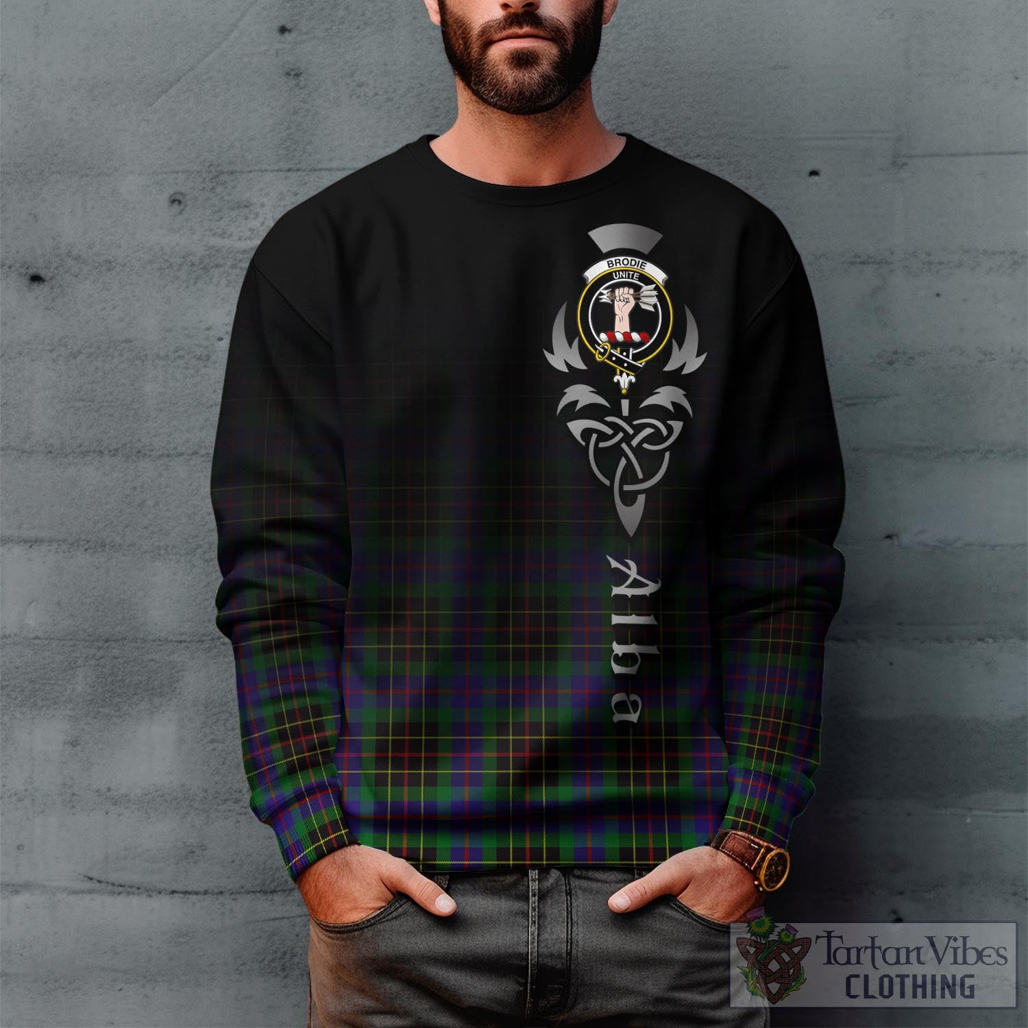 Tartan Vibes Clothing Brodie Hunting Modern Tartan Sweatshirt Featuring Alba Gu Brath Family Crest Celtic Inspired