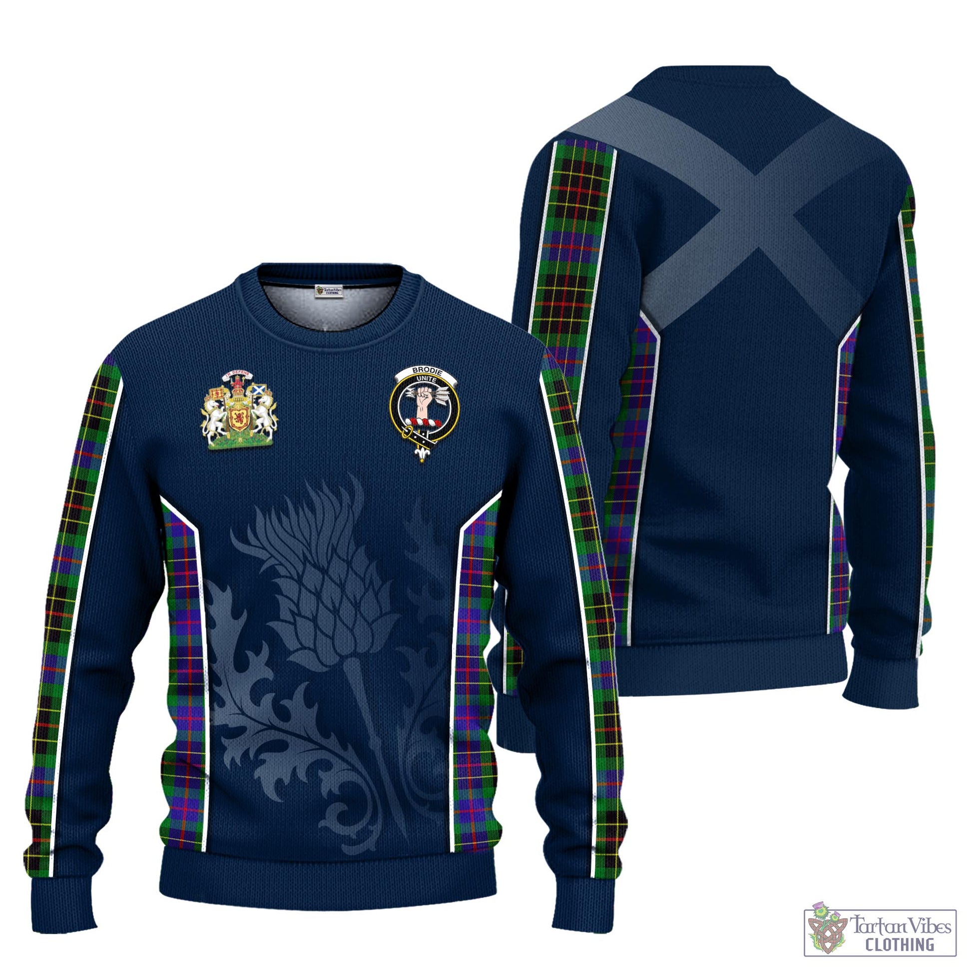 Tartan Vibes Clothing Brodie Hunting Modern Tartan Knitted Sweatshirt with Family Crest and Scottish Thistle Vibes Sport Style