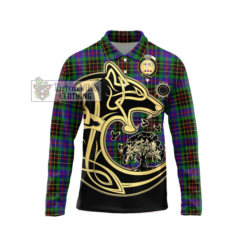 Tartan Vibes Clothing Brodie Hunting Modern Tartan Long Sleeve Polo Shirt with Family Crest Celtic Wolf Style