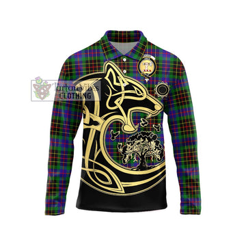 Brodie Hunting Modern Tartan Long Sleeve Polo Shirt with Family Crest Celtic Wolf Style