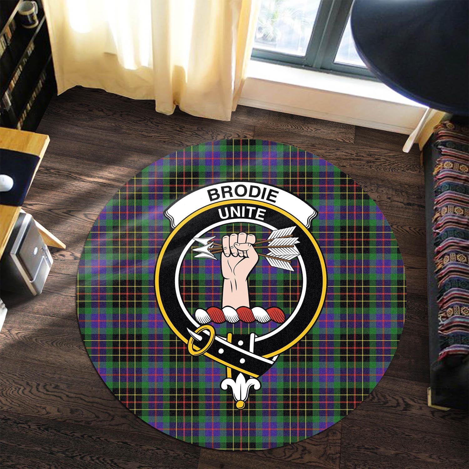 Brodie Hunting Modern Tartan Round Rug with Family Crest - Tartanvibesclothing