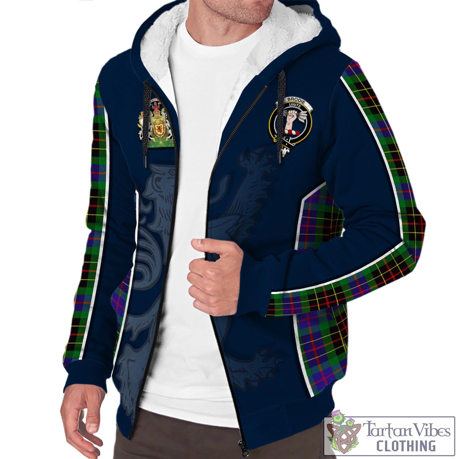 Tartan Vibes Clothing Brodie Hunting Modern Tartan Sherpa Hoodie with Family Crest and Lion Rampant Vibes Sport Style