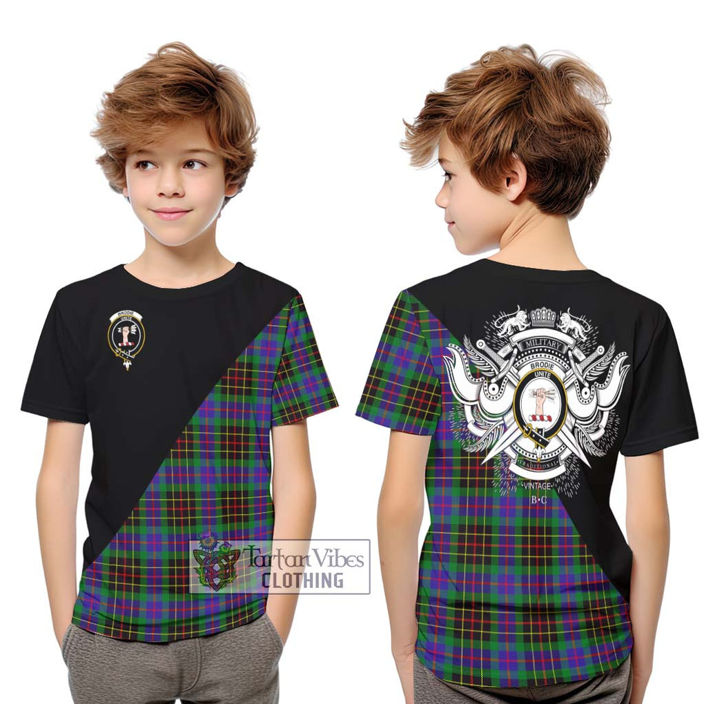 Brodie Hunting Modern Tartan Kid T-Shirt with Family Crest and Military Logo Style Youth XL Size14 - Tartanvibesclothing Shop