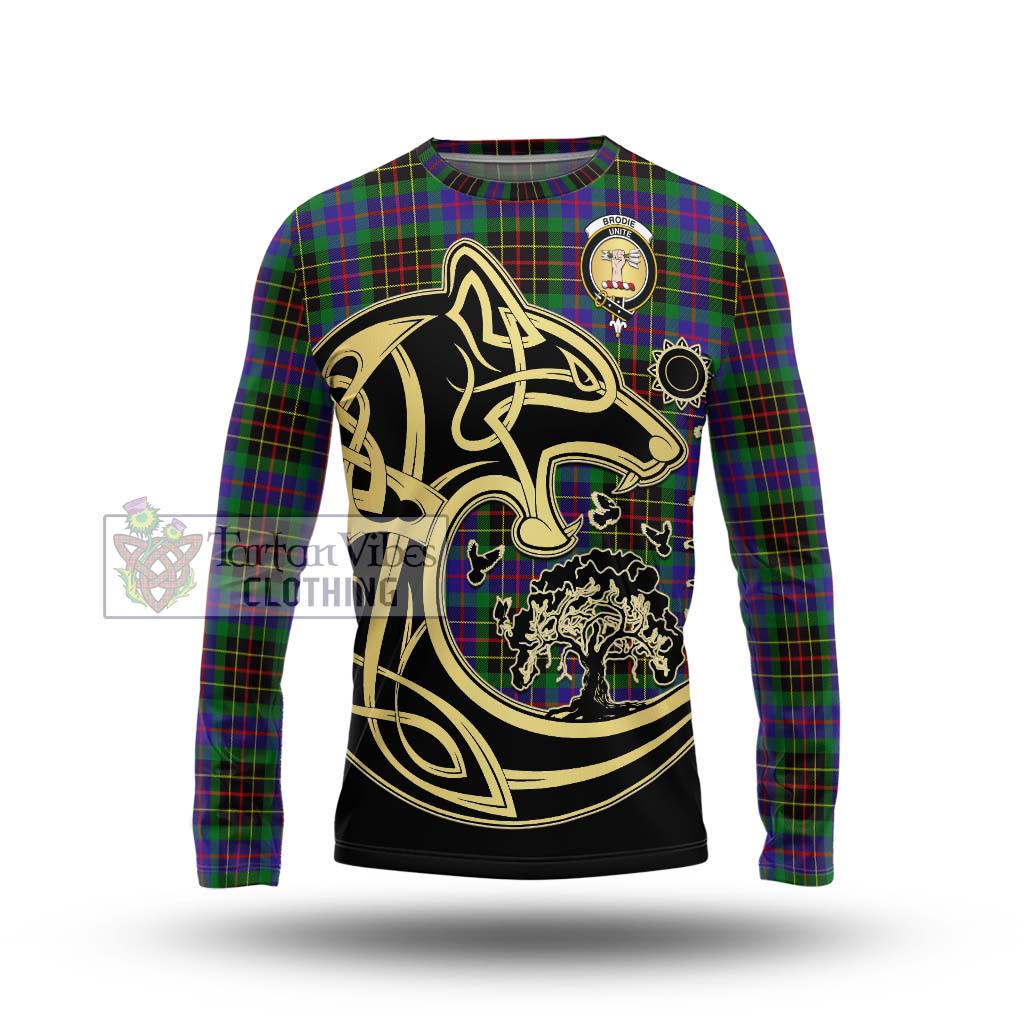 Tartan Vibes Clothing Brodie Hunting Modern Tartan Long Sleeve T-Shirt with Family Crest Celtic Wolf Style