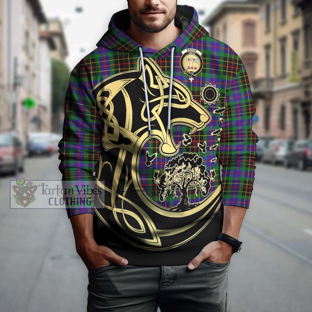 Tartan Vibes Clothing Brodie Hunting Modern Tartan Hoodie with Family Crest Celtic Wolf Style