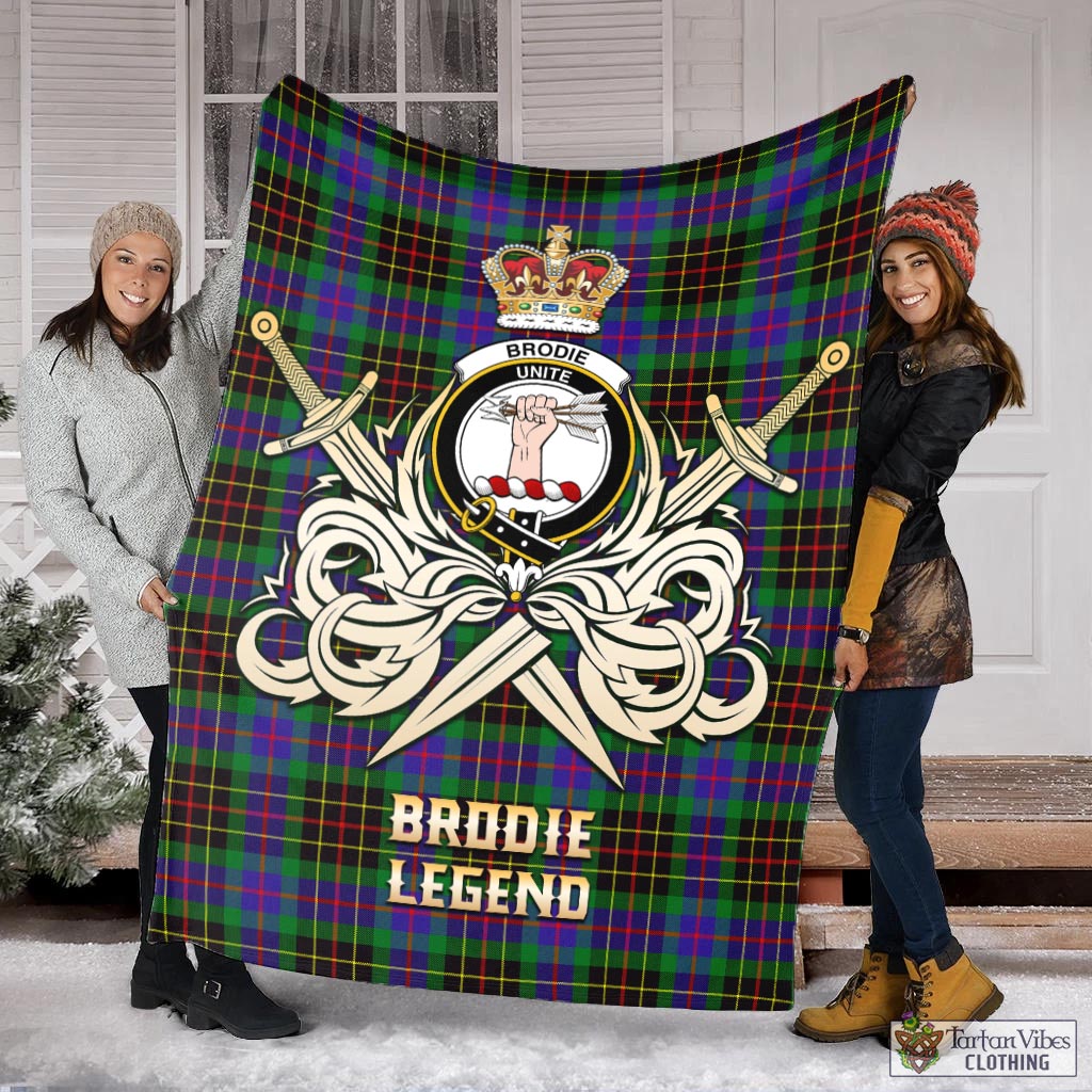 Tartan Vibes Clothing Brodie Hunting Modern Tartan Blanket with Clan Crest and the Golden Sword of Courageous Legacy