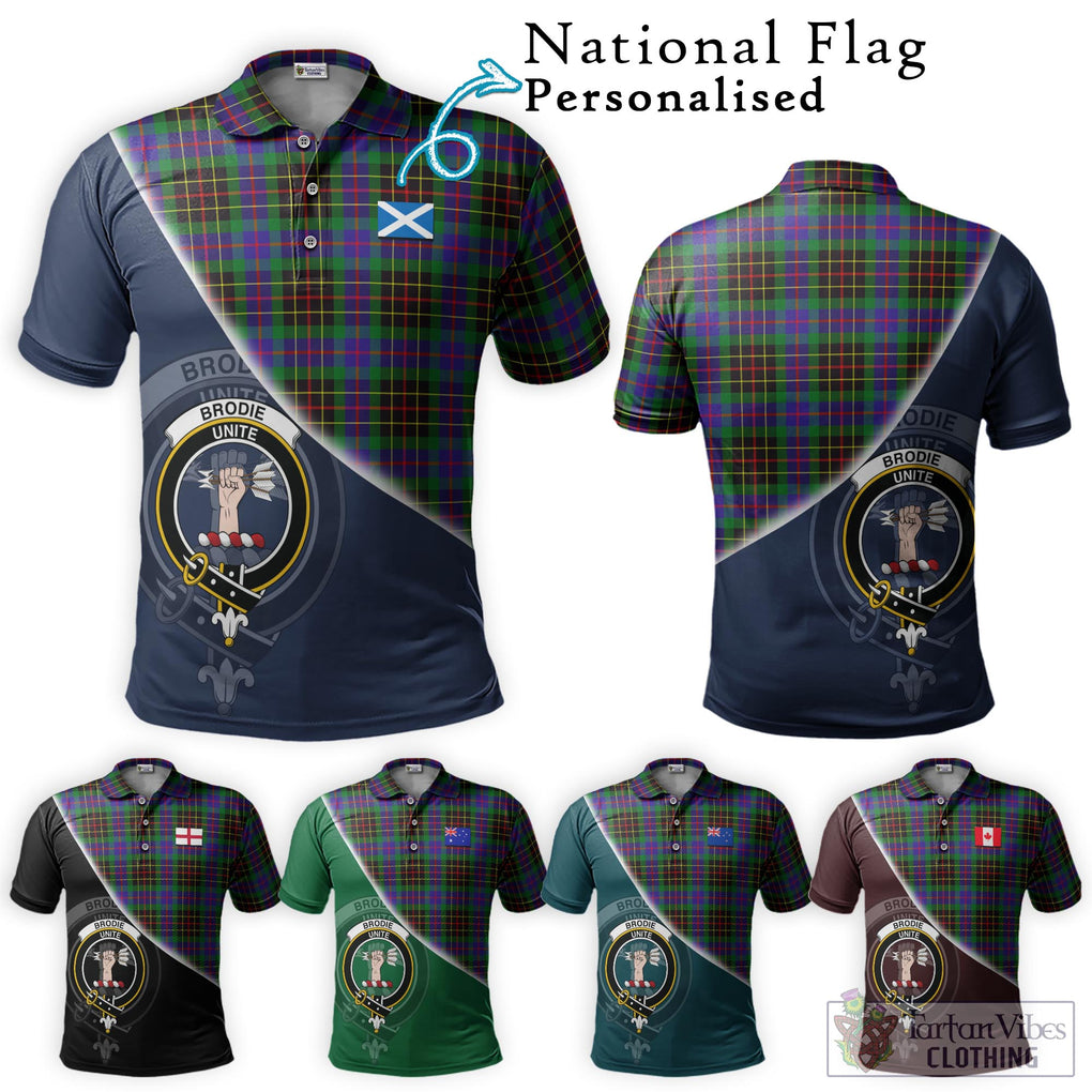 Brodie Hunting Modern Tartan Polo Shirt with Personalised National Flag and Family Crest Half Style Maroon - Tartanvibesclothing Shop