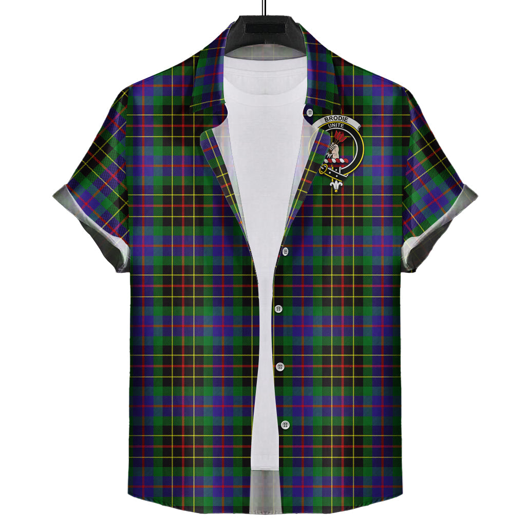 Brodie Hunting Modern Tartan Short Sleeve Button Down Shirt with Family Crest - Tartanvibesclothing