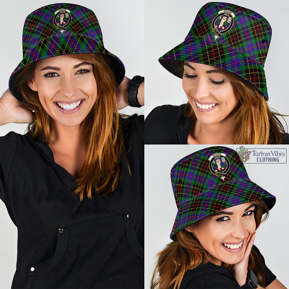 Tartan Vibes Clothing Brodie Hunting Modern Tartan Bucket Hat with Family Crest