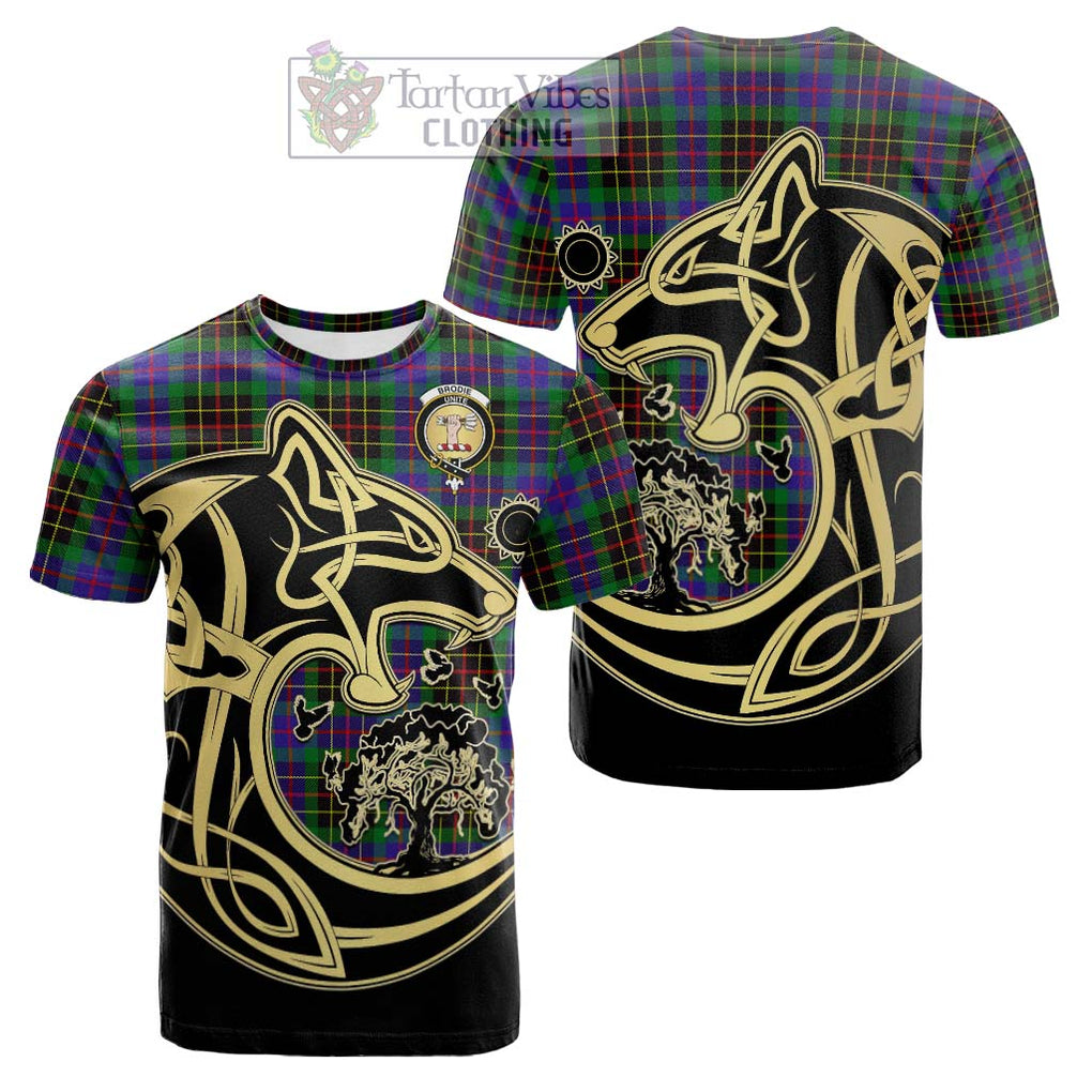 Tartan Vibes Clothing Brodie Hunting Modern Tartan Cotton T-shirt with Family Crest Celtic Wolf Style