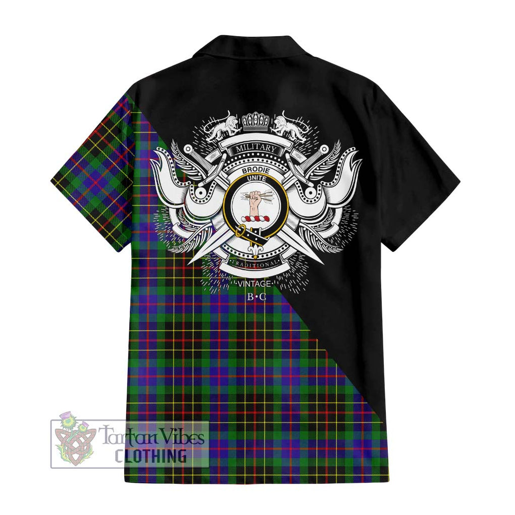 Brodie Hunting Modern Tartan Short Sleeve Button Shirt with Family Crest and Military Logo Style - Tartanvibesclothing Shop