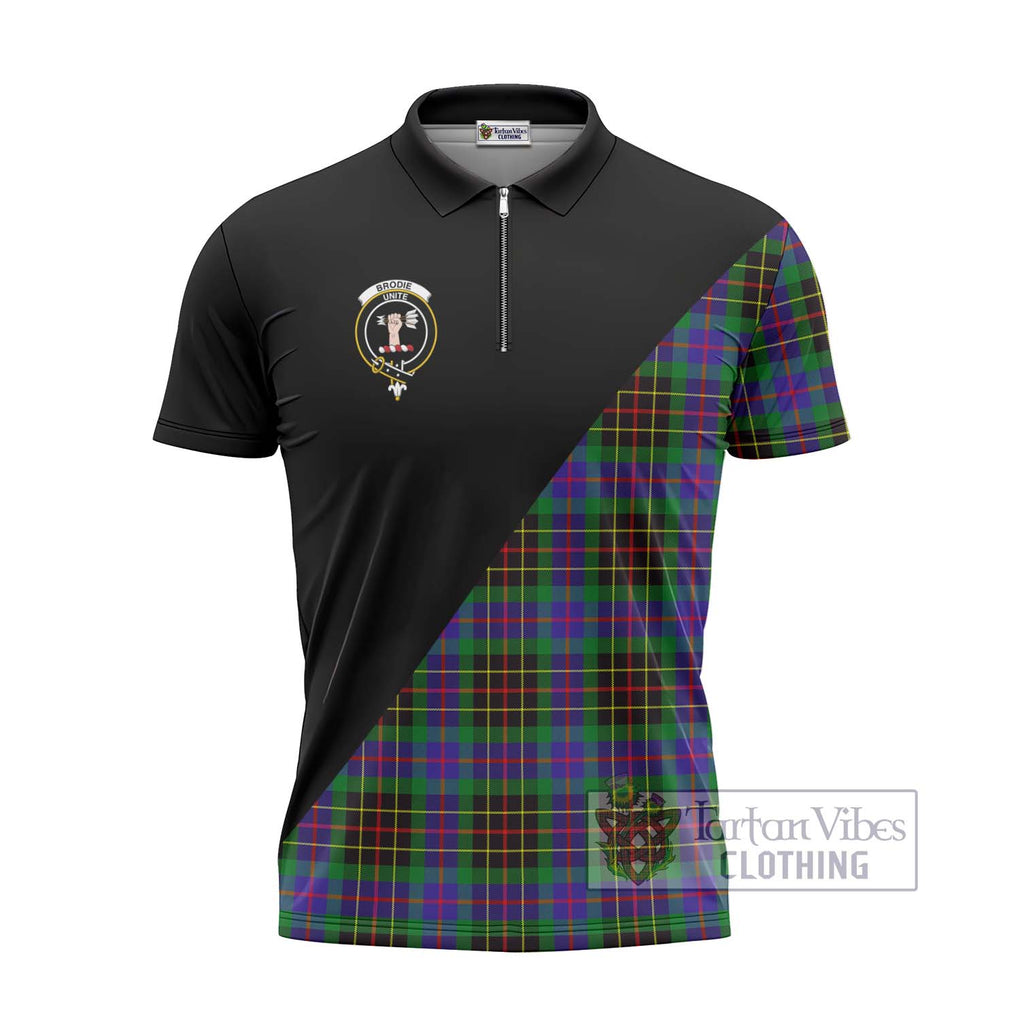 Brodie Hunting Modern Tartan Zipper Polo Shirt with Family Crest and Military Logo Style - Tartanvibesclothing Shop