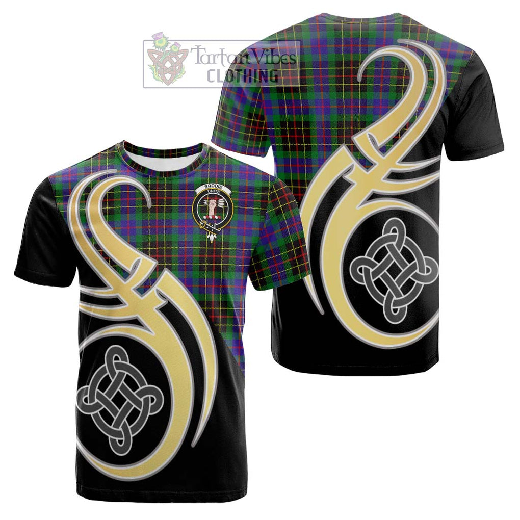 Tartan Vibes Clothing Brodie Hunting Modern Tartan Cotton T-shirt with Family Crest and Celtic Symbol Style