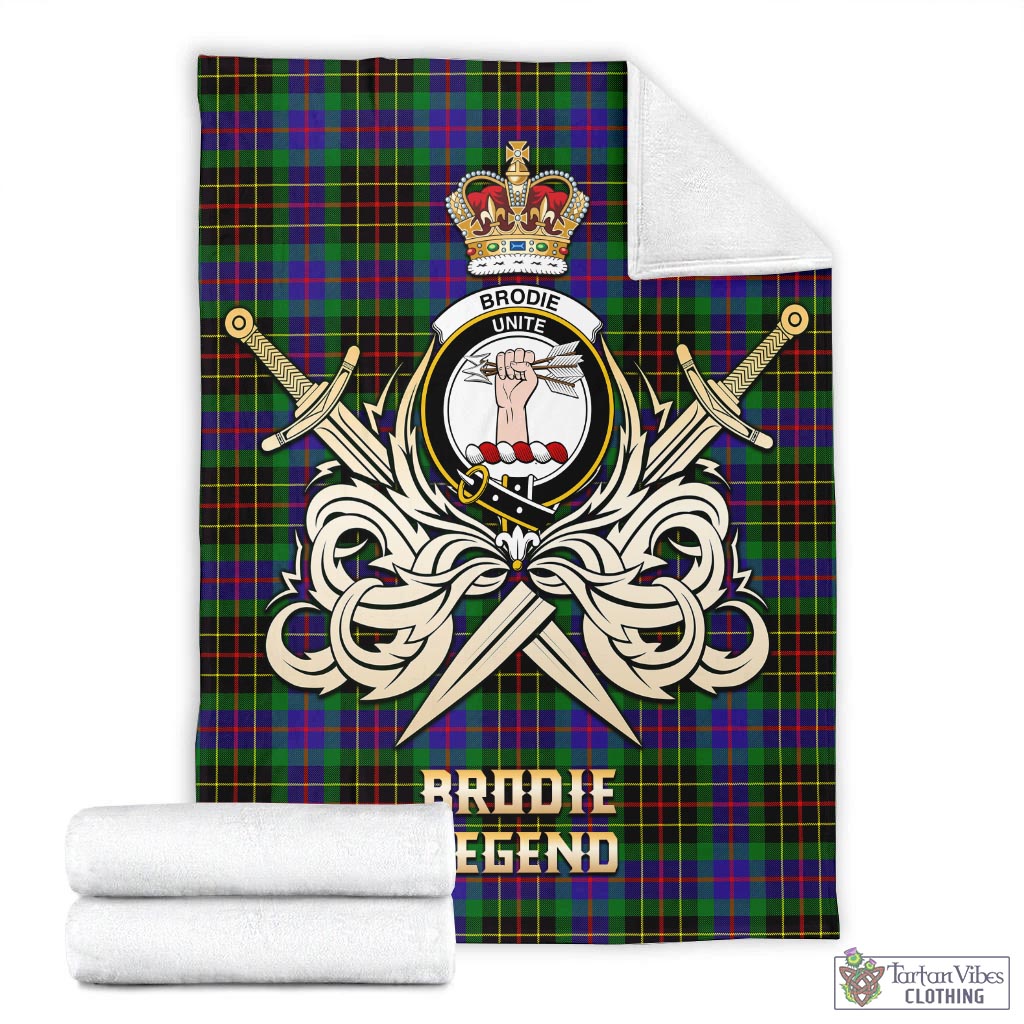 Tartan Vibes Clothing Brodie Hunting Modern Tartan Blanket with Clan Crest and the Golden Sword of Courageous Legacy