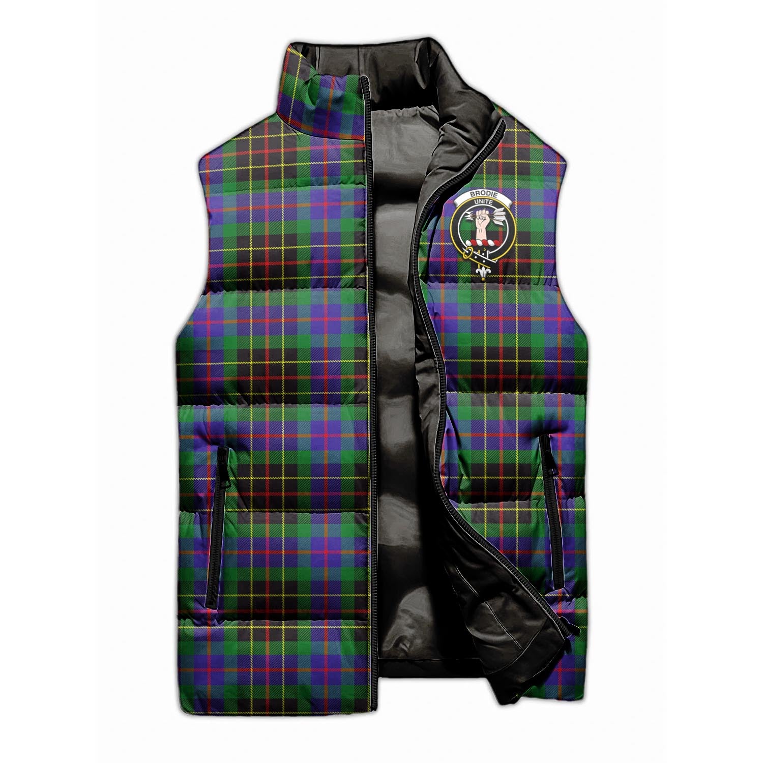 Brodie Hunting Modern Tartan Sleeveless Puffer Jacket with Family Crest - Tartanvibesclothing