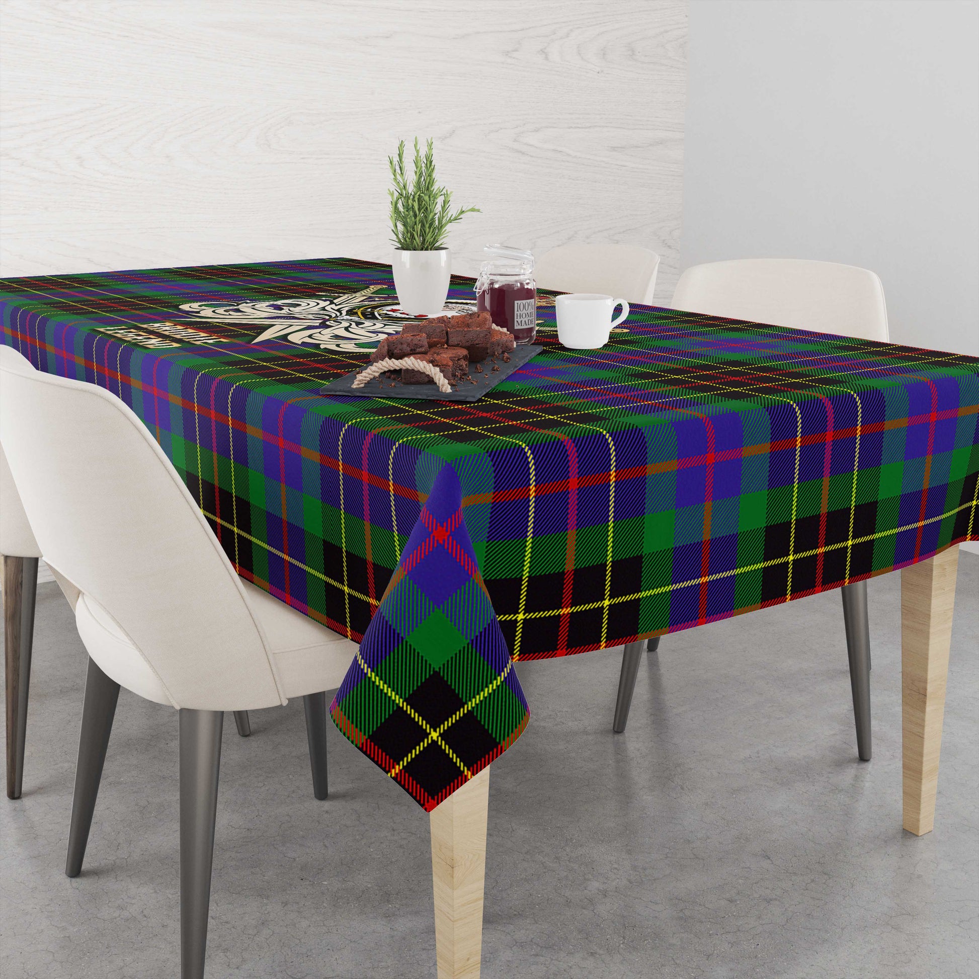 Tartan Vibes Clothing Brodie Hunting Modern Tartan Tablecloth with Clan Crest and the Golden Sword of Courageous Legacy