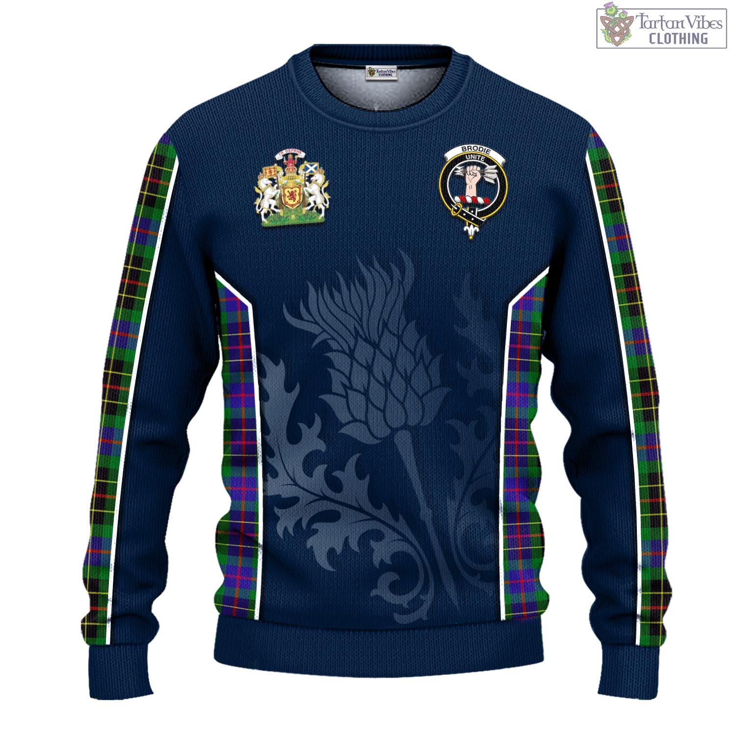 Tartan Vibes Clothing Brodie Hunting Modern Tartan Knitted Sweatshirt with Family Crest and Scottish Thistle Vibes Sport Style