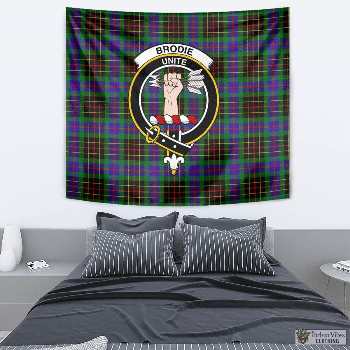 Tartan Vibes Clothing Brodie Hunting Modern Tartan Tapestry Wall Hanging and Home Decor for Room with Family Crest