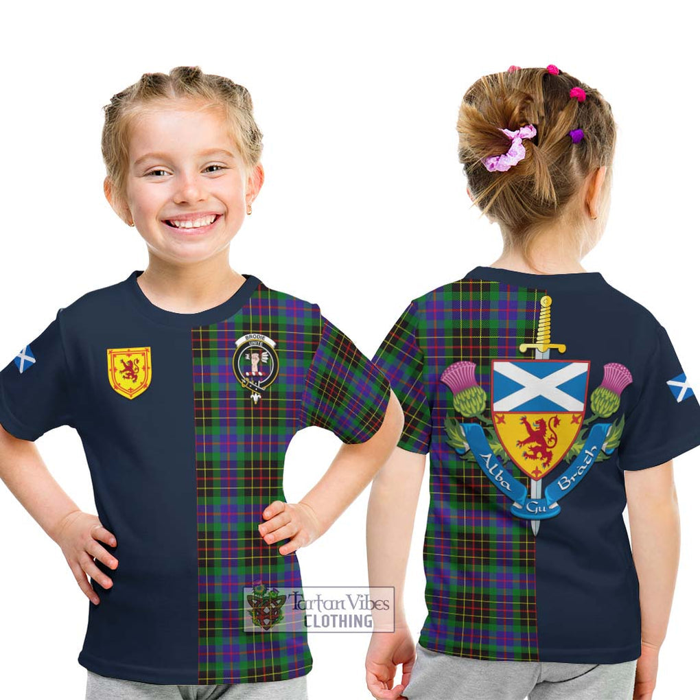 Tartan Vibes Clothing Brodie Hunting Modern Tartan Kid T-Shirt with Scottish Lion Royal Arm Half Style