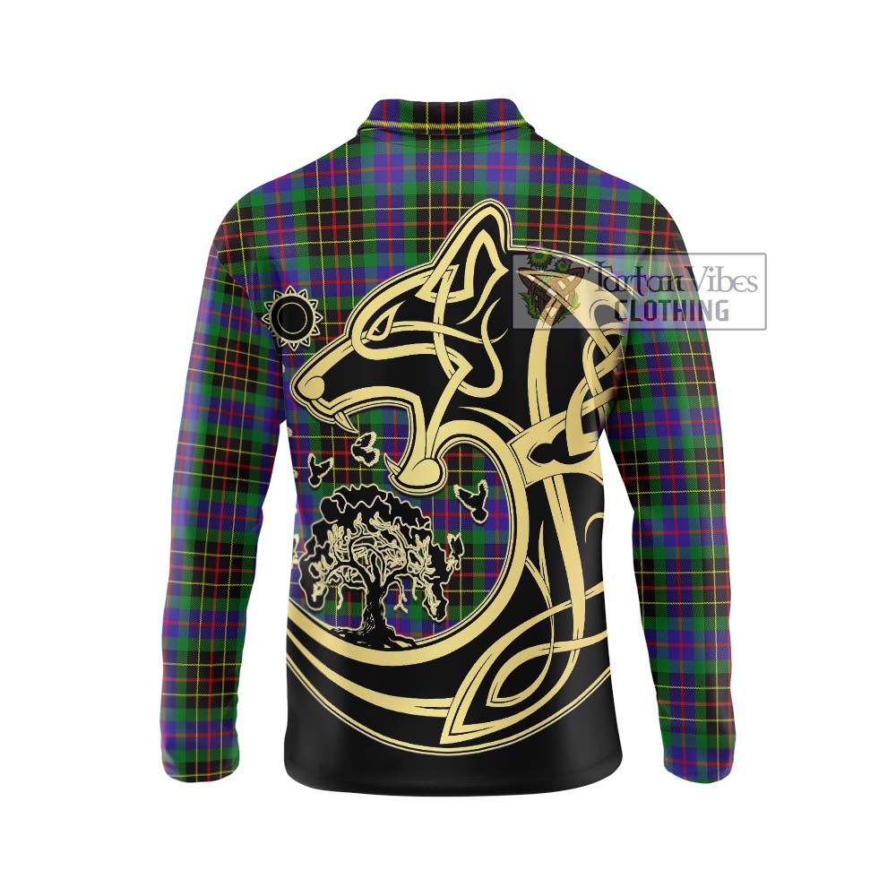 Tartan Vibes Clothing Brodie Hunting Modern Tartan Long Sleeve Polo Shirt with Family Crest Celtic Wolf Style